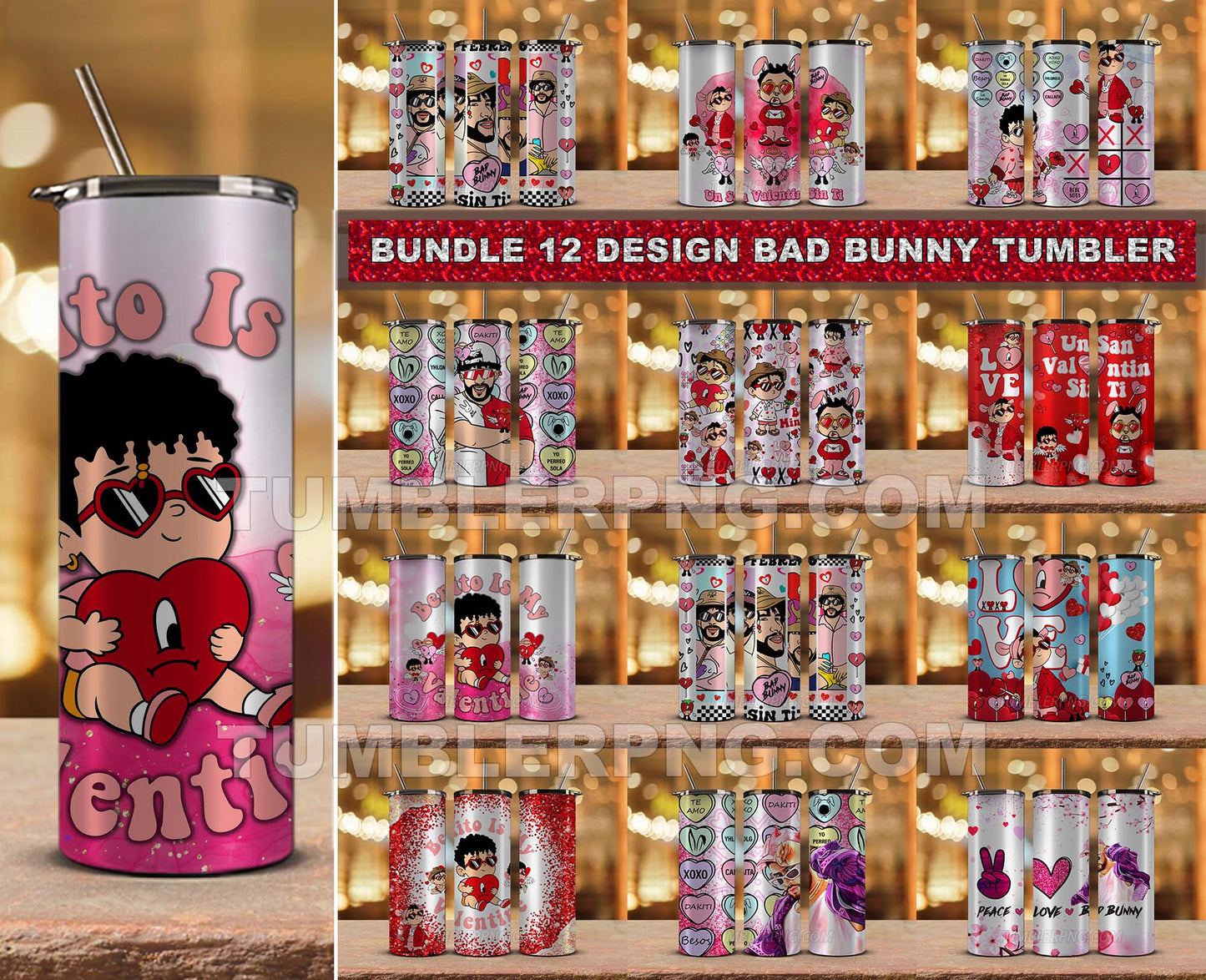 12+ Bundle Bad Bunny Valentine 20 oz Skinny Tumbler Png,Valentines Bad Bunny Png, Valentine gifts,Valentine Tumbler 48