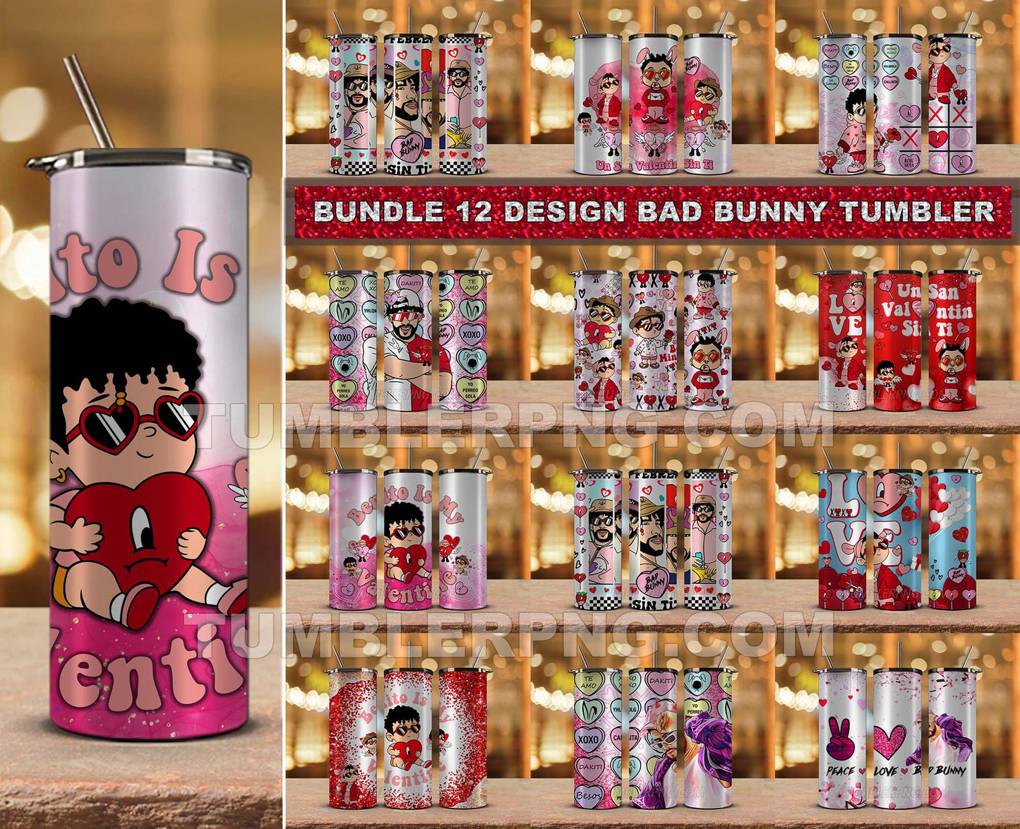 12+ Bundle Bad Bunny Valentine 20 oz Skinny Tumbler Png,Valentines Bad Bunny Png, Valentine gifts,Valentine Tumbler  48